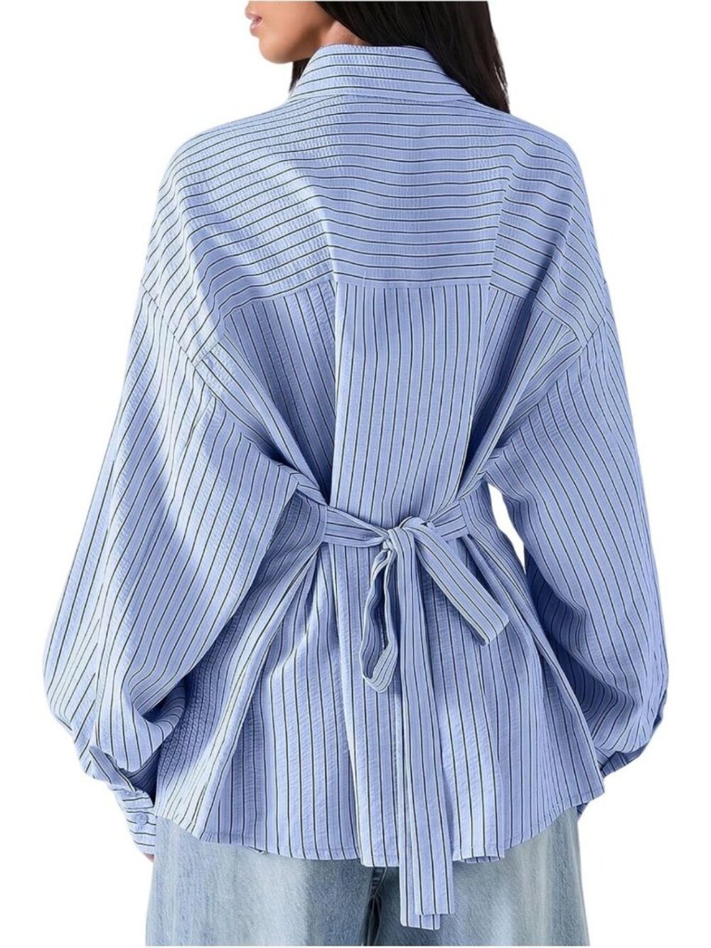 Striped Long Sleeve Button Down Blouse with Tie Back | Oversized Business Casual